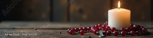 White Eucharist candle & rosary, rustic wood background, hope, still life