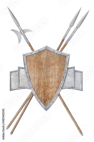shield with halberd and two spears isolated on white