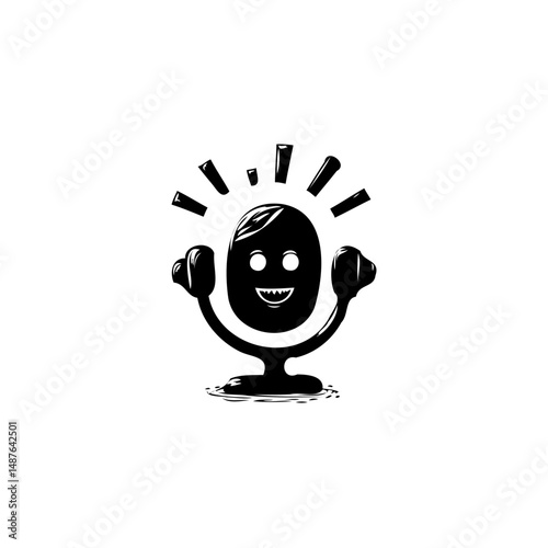 Stylized black microphone figure radiating energy with anthropomorphic features