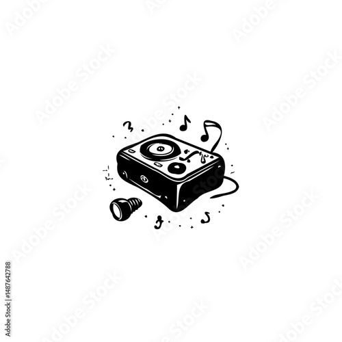 Stylized turntable illustration radiating musical vibes in monochrome artwork