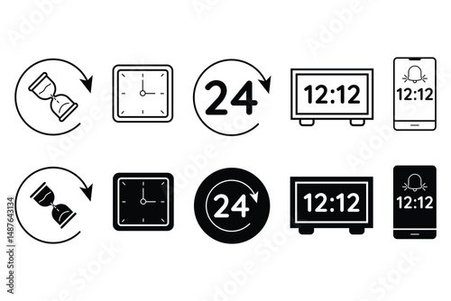 Time clock icon set with hourglass alarm digital watch 24 hour schedule and reminder vector illustration in black and white style.