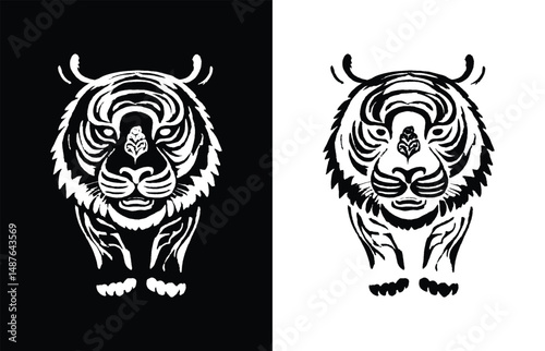 High Contrast Geometric Tiger Illustration Woodblock Print Style