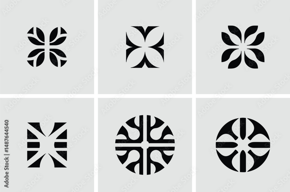 Modern minimalist design compositions featuring abstract floral elements on a transparent white background
