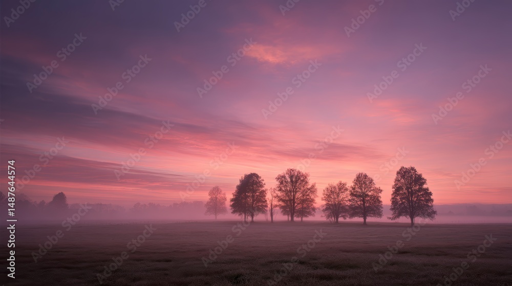 Obraz premium Pink Sunrise Over Foggy Field with Trees