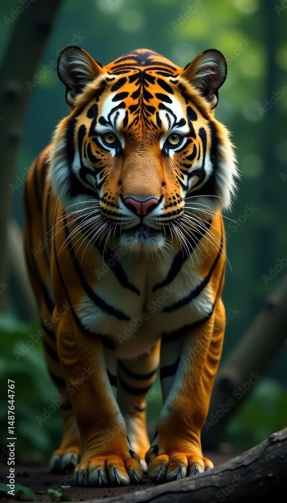 Obraz premium Shimmering gold glitter tiger stripes against a blurred jungle backdrop, majestic, image