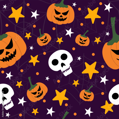 Seamless Halloween Pattern with Pumpkins and Skulls on Purple Background