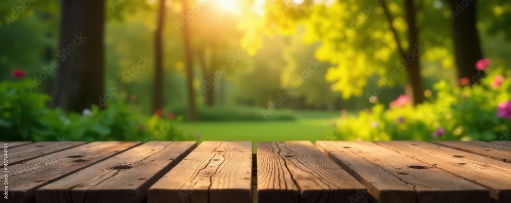 Fototapeta premium Rustic wooden display, blurred nature backdrop, simple, sunlight