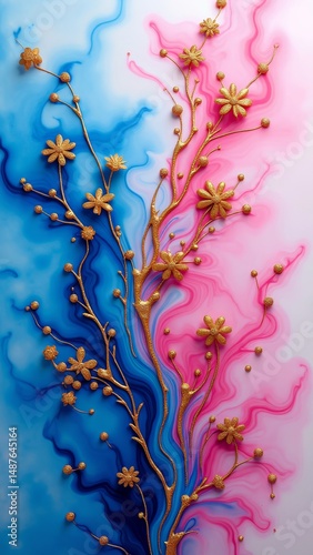 Golden branches with flowers on bluepink background