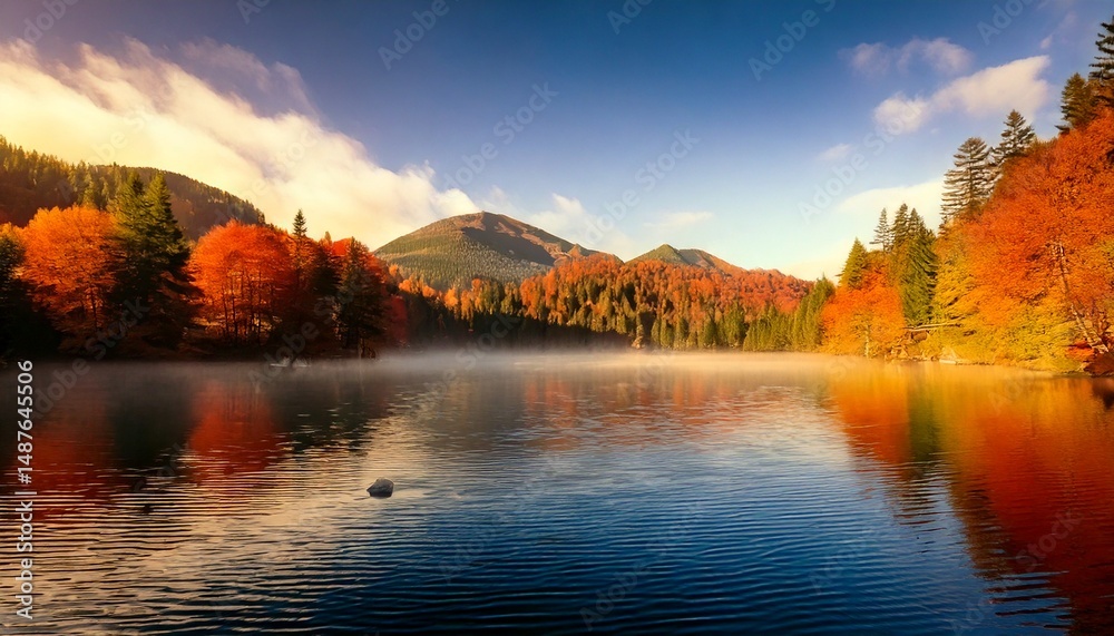 Fototapeta premium Espectacular amanecer en un lago de montaña con niebla y árboles otoñales