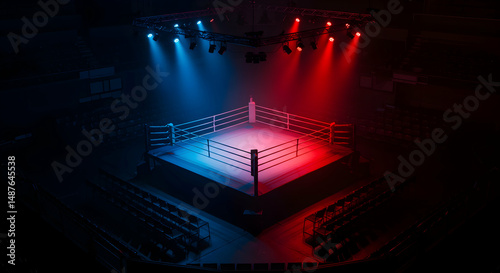 aerial view of an empty boxing ring blue and red color light team