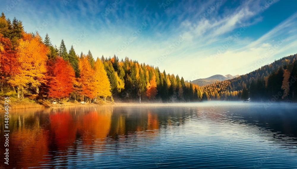 Fototapeta premium Espectacular amanecer en un lago de montaña con niebla y árboles otoñales