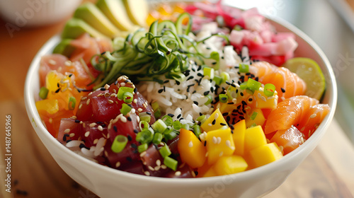 Vegan poke bowl featuring a quinoa base with fresh vegetables and tofu on a white background, emphasizing healthy eating and plant-based cuisine, Generative AI