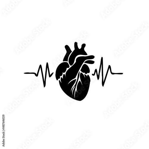 Black Heart with Electrocardiogram Symbolizing Health and Vitality Concept