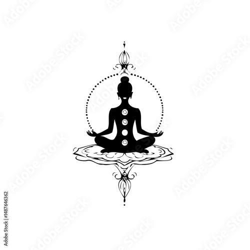 Serene silhouette meditation on floral platform with subtle chakra alignment