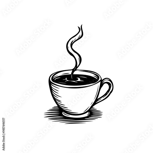 Monochrome depiction of steaming coffee cup offering a warm beverage moment