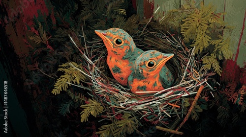 Two orange birds in artistic nest amongst foliage