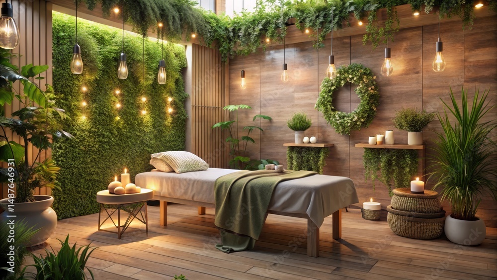 Obraz premium Serene Indoor Oasis Tranquil Spa Setting with Lush Greenery, Warm Lighting, and Relaxing Ambiance