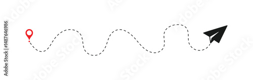 paper plane with dotted line trail trace icon, Vector paper airplane