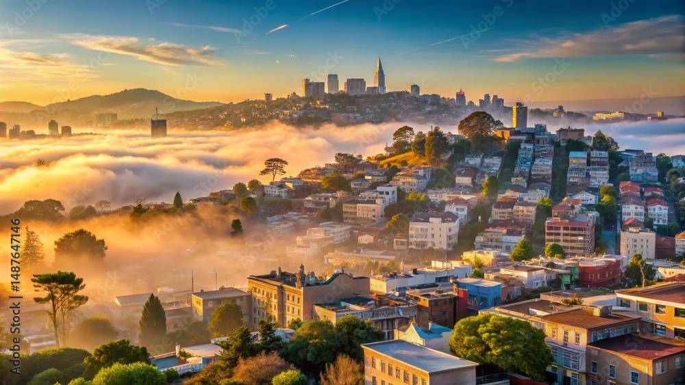 Naklejka premium Golden Sunrise Illuminates Hillside Homes Enveloped in Morning Mist, a Breathtaking Urban Panorama