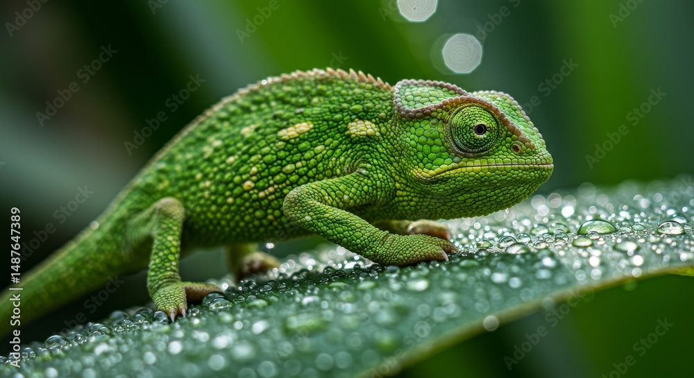 Fototapeta premium Close-up view of a vibrant green chameleon on a leaf.
