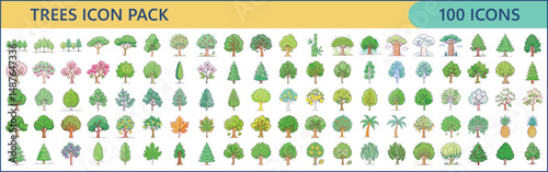 Collection of One Hundred Colorful Tree Icons Depicting Various Species and Styles