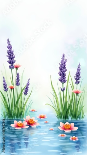 Pink and purple flowers in a pond with blue water