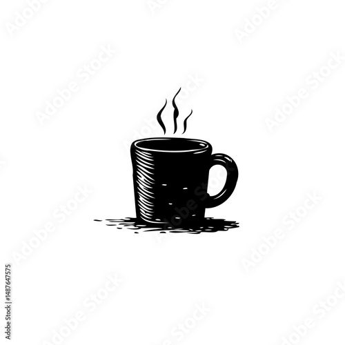 Stylized monochrome depiction of steaming beverage in a ceramic vessel art