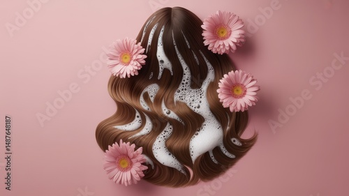Food art with head made of hair, icing and pink flowers on white base