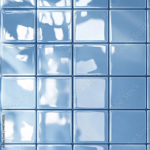 **Glossy Blue Ceramic Tiles Arranged In A Clean Grid With Reflective Glaze And Soft Surface Shadows. Ideal For Bathroom Visualizations, Kitchen Backsplash Renders, Or Geometric Design Backgrounds Wher photo