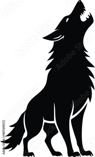 Silhouette of a howling wolf with its head raised against a white background