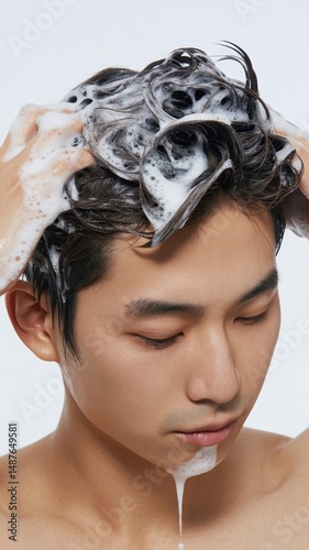 Young man washing hair under water stream in calm studio setting