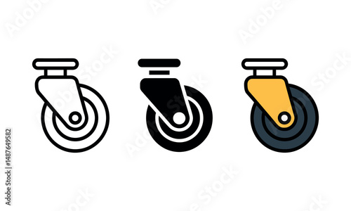 Vector Caster Wheel Icons in Outline, Solid, and Color Styles for Industrial Design