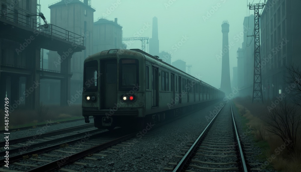Naklejka premium Train Moving Through Industrial Cityscape