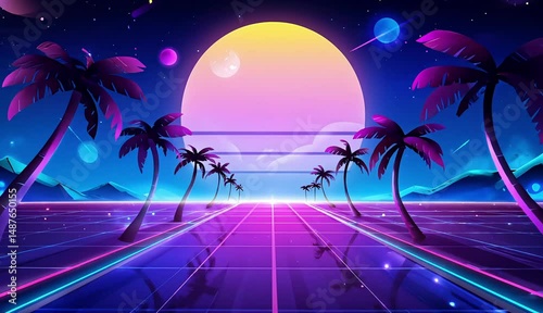 tropical beach with palm trees animation background, vintage 80s retro futuristic sci-fi style