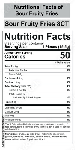 Nutrition facts, Supplement facts, Nutrition facts template, Nutritional Facts of Sour Fruity Fries, Easy-to-Update Nutrition Facts Labels
