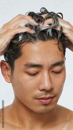 Shirtless man under water stream with head tilted and eyes closed
