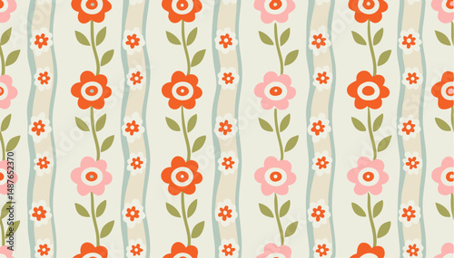 Charming floral pattern with vertical stripes for textile design. This cheerful and whimsical pattern features stylized flowers in shades of orange-red and pink, positioned vertically.