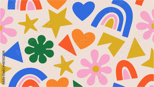 Fun, vibrant abstract pattern with shapes and flowers. This cheerful, colorful pattern features a mix of simple shapes, including stars, hearts, rainbows, flowers, and triangles.