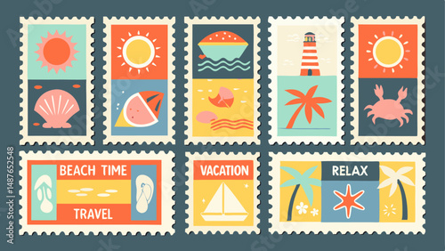 Colorful Vintage-Style Travel Stamps with Summer Vibes. A set of six colorful vintage-style postage stamps, each depicting a different summer-themed scene.