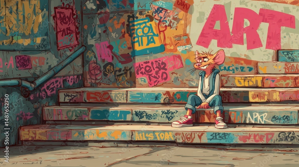 Obraz premium Colorful urban stairs with graffiti and a seated figure.