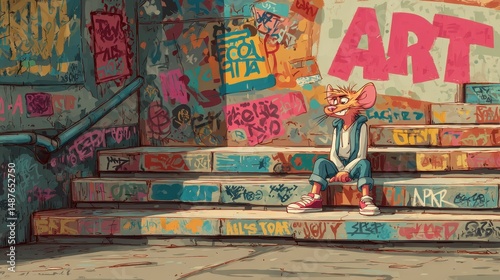 Colorful urban stairs with graffiti and a seated figure.