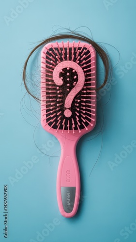 New pink brush in packaging with hair strand on soft blue background
