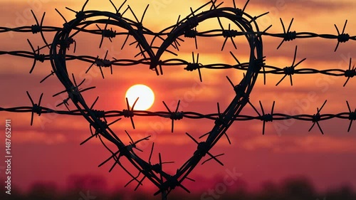 Barbed wire shaped into a heart with sunset glowing in the background, silhouetted against a dramatic orange and pink evening sky

