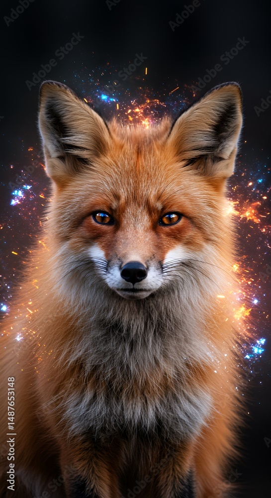 Fototapeta premium Fox with Glowing Sparkles on Dark Background Digital Art
