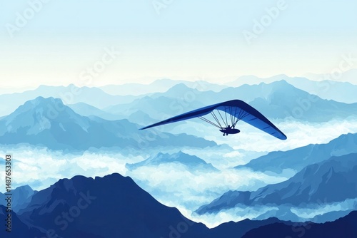 Artistic vector of a hang glider soaring over a mountain range, detailed textures on the glider and natural tones, soft clouds and blue sky, clean and professional composition,stock vector