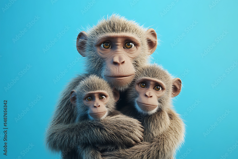 Naklejka premium A mother monkey holding her two young offspring against a vibrant blue background, showcasing affection