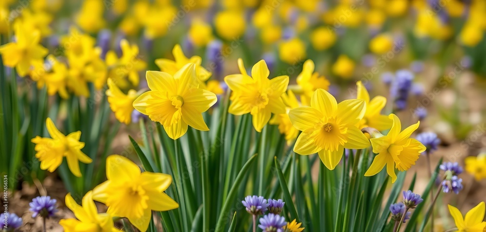 Fototapeta premium Vibrant yellow Easter bells daffodils in a springtime field, isolated on white, high resolution, sunny