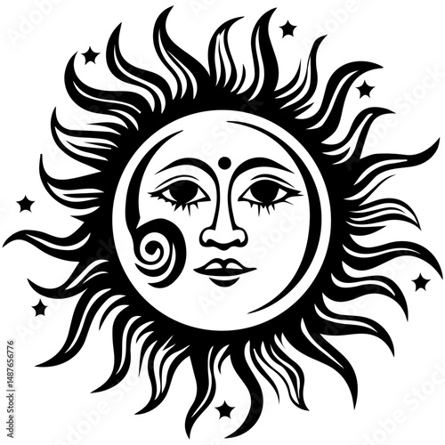 Stylized sun with face and rays in black and white design. Vector illustration in line art  