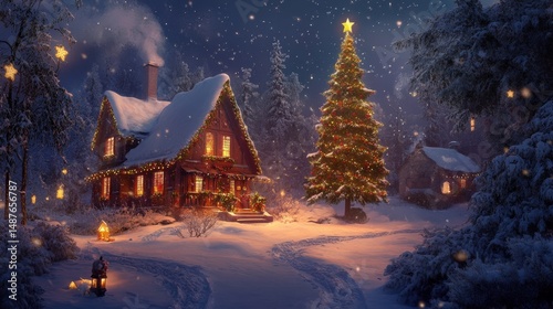 Snow Covered Cottage and Christmas Tree in a Winter Forest Scene