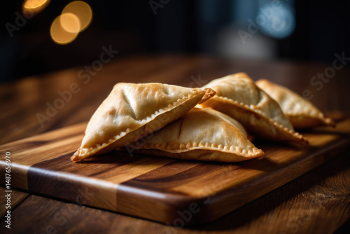 A wooden cutting board with three delicious pastries on top, perfect for serving desserts or snacks